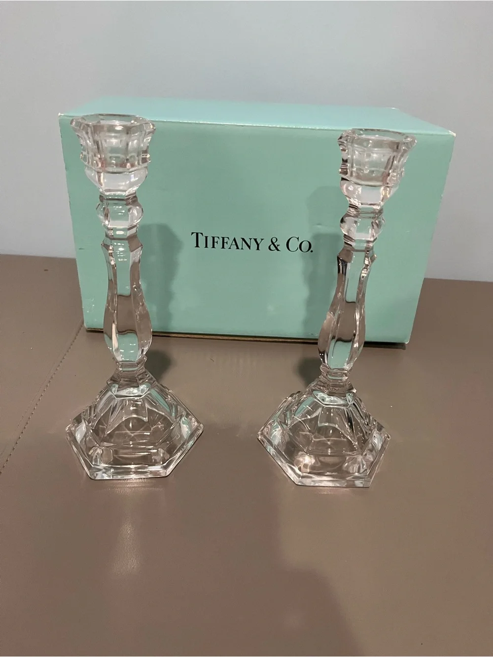 Vintage 1993 Tiffany & Co. Hampton Crystal Candleholders 9.25” Pair w/ Box